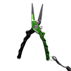 Fishing pliers with green handle on a white background