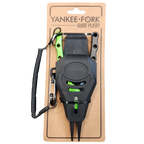 Fishing pliers with green handle and black sheath on a white background