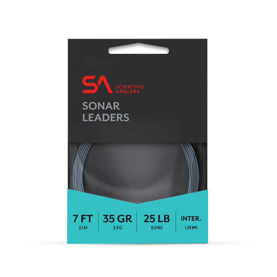 Packaging of Scientific Anglers Sonar Leaders with product details on a white background