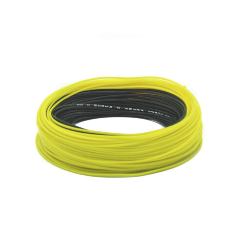 Coiled yellow and black fly line on a white background