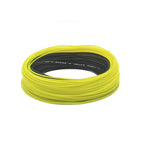 Coiled yellow and black fly line on a white background
