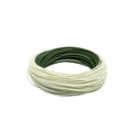 Coiled green and white fishing line on a white background