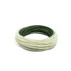 Coiled green and white fishing line on a white background