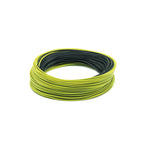 Coiled green and black fishing line on a white background