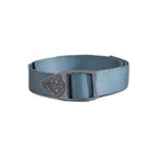 Blue belt with a gray buckle on a white background