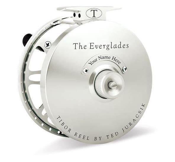 A collection of Tibor fly fishing reels in different colors displayed horizontally. The reels are labeled with their model names.