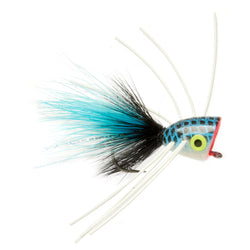 Fishing lure with blue and black details on a white background