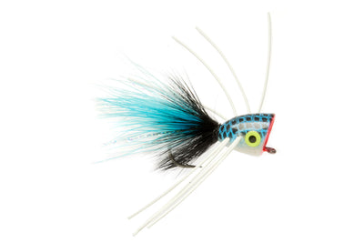 Fishing lure with blue and black details on a white background