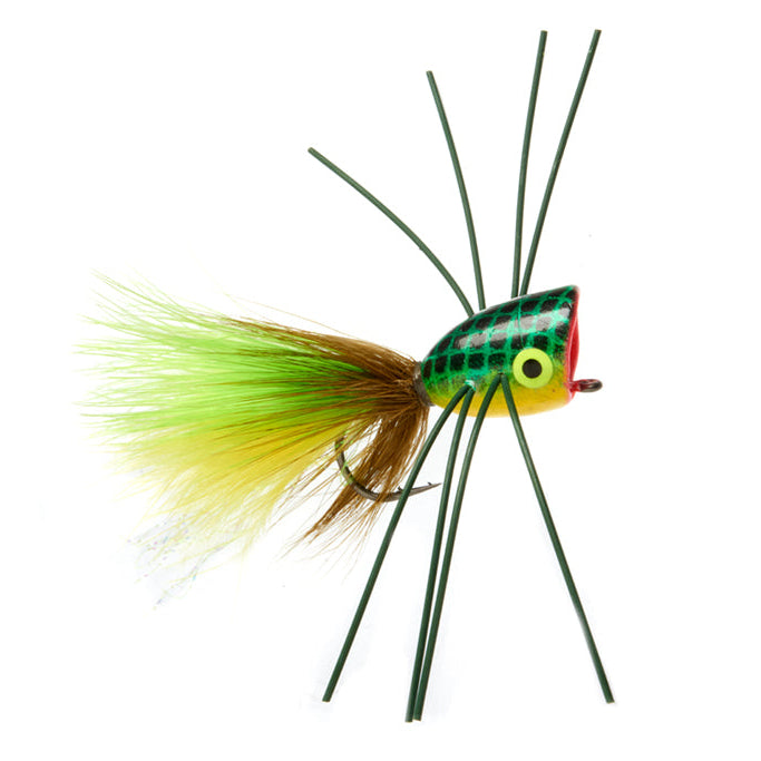 Colorful fly fishing popper with a green body and yellow tail on a white background
