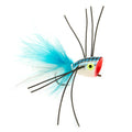 Fishing popper with blue and red details on a white background