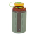 Green insulated bottle holder with a yellow cap on a white background