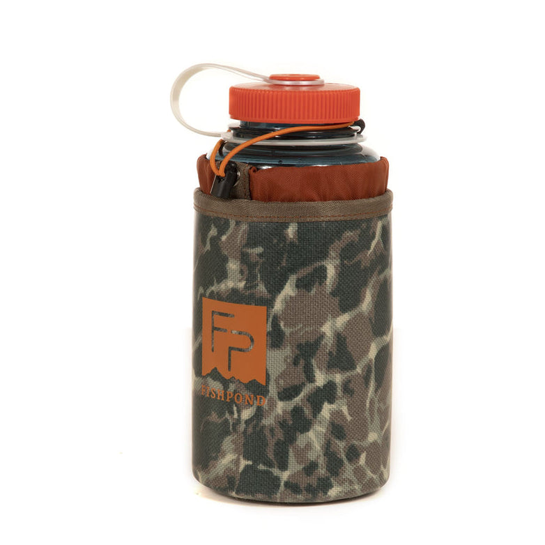 Camouflage water bottle holder with orange cap on a white background