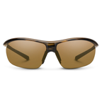Sunglasses with brown lenses and black frame on a white background