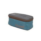 A medium-sized Fishpond Ripple Reel Case in blue with gray accents, featuring a waterproof and impact-resistant bottom, a coated mesh zippered pocket, and a signature rope handle.