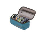 A medium-sized Fishpond Ripple Reel Case in blue with gray accents, featuring a waterproof and impact-resistant bottom, a coated mesh zippered pocket, and a signature rope handle.