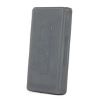 Gray rectangular object with a brand logo on a white background