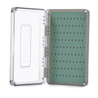 Clear fly fishing box with green interior on a white background