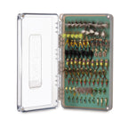 Open fly fishing lure box with various lures on a white background