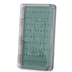 Clear fly fishing box with green interior on a white background