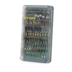 Packaged collection of fishing flies with a clear lid on a white background