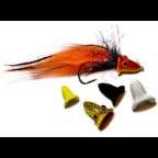 A selection of fishing lure heads in various colors including white, black, yellow, and lime green. They are displayed against a white background.