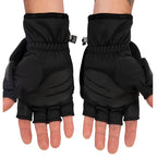 Black fingerless gloves worn on hands against a white background