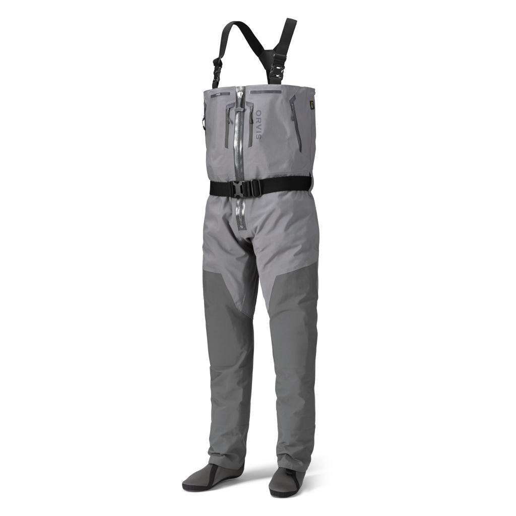 A pair of gray zippered Orvis men's PRO fly-fishing waders with suspenders and boots.
