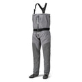 A pair of gray zippered Orvis men's PRO fly-fishing waders with suspenders and boots.