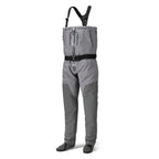 A pair of gray zippered Orvis men's PRO fly-fishing waders with suspenders and boots.