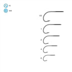 Illustration of Gamakatsu B10S Stinger Hook fishing hooks with sizes 1/0, 1, 2, 4, and 6 on a white background.