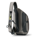 A gray Orvis sling pack designed for fly-fishing, featuring multiple storage compartments and oa water bottle holder.