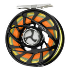 A back view of the Orvis Mirage LT fly fishing reel, showcasing its black body with orange and yellow accents on the spool, and the brand's logo.