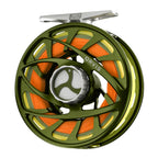 A front view of the Orvis Mirage LT fly fishing reel, showcasing its olive body with orange and yellow accents on the spool, and the brand's logo.