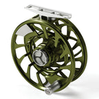A front view of the Orvis Mirage LT fly fishing reel, showcasing its black body with orange and yellow accents on the spool, and the brand's logo.