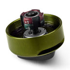 A detailed view of the Orvis Mirage LT fly fishing reel, showcasing its black body with orange and yellow accents on the spool, and the brand's logo.