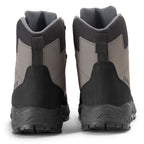 View of gray Orvis fishing boots from behind on a white background