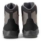 A pair of Orvis women's wading boots with felt soles, featuring a full synthetic leather upper in gray and black, with a scratch rubber toe and a heavy-duty rubber toe bumper.