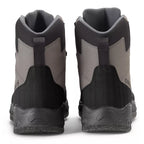 A pair of Orvis men's wading boots with felt soles, in a gray color, featuring a full synthetic leather upper and a rubber toe bumper.