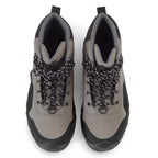 A pair of Orvis women's wading boots with felt soles, featuring a full synthetic leather upper in gray and black, with a scratch rubber toe and a heavy-duty rubber toe bumper.