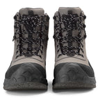 A pair of Orvis women's wading boots with felt soles, featuring a full synthetic leather upper in gray and black, with a scratch rubber toe and a heavy-duty rubber toe bumper.
