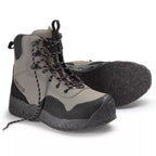 A pair of Orvis men's wading boots with felt soles, in a gray color, featuring a full synthetic leather upper and a rubber toe bumper.
