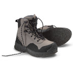 A pair of Orvis women's wading boots with felt soles, featuring a full synthetic leather upper in gray and black, with a scratch rubber toe and a heavy-duty rubber toe bumper.