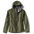 A green Orvis Clearwater Wading Jacket with a hood, featuring a zippered front closure and multiple pockets.