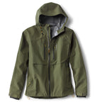 A green Orvis Clearwater Wading Jacket with a hood, featuring a zippered front closure and multiple pockets.