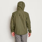 A green Orvis Clearwater Wading Jacket with a hood, featuring a zippered front closure and multiple pockets.