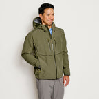A green Orvis Clearwater Wading Jacket with a hood, featuring a zippered front closure and multiple pockets.