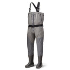 A pair of Orvis men's PRO zip bootfoot waders in gray color with black boots, featuring suspenders, storage pockets, and fleece-lined handwarmer pockets.