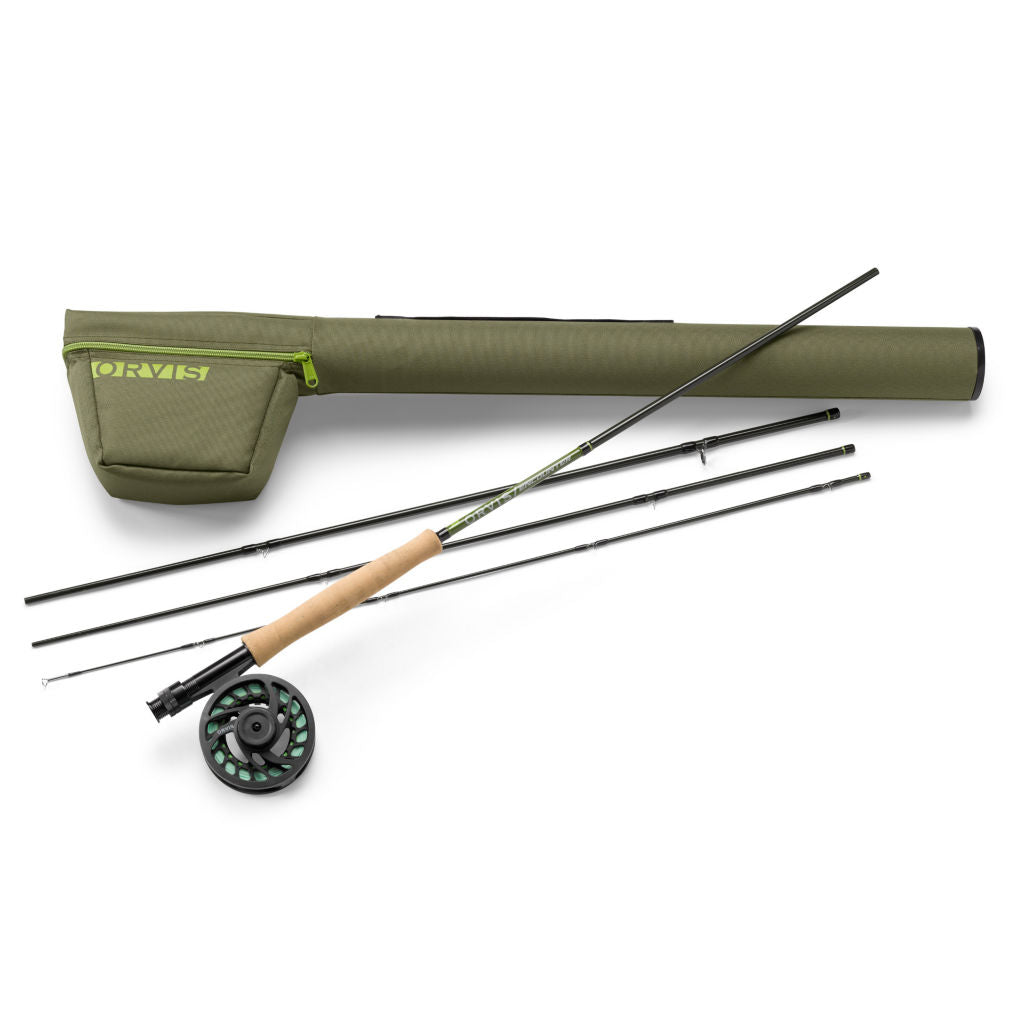 An Orvis Encounter fly rod outfit, including a 4-piece fly rod with a wooden handle, a green reel, and a carrying case.