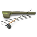 An Orvis Encounter fly rod outfit, including a 4-piece fly rod with a wooden handle, a green reel, and a carrying case.