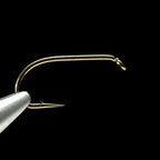 A single gold-colored Daiichi 1530 heavy wet fly fishing hook against a black background.